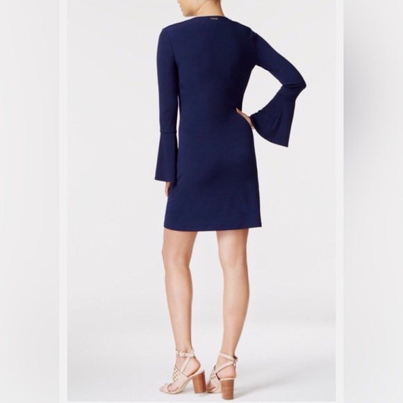 Michael Kors Lace Up Bell Sleeve Stretch Cocktail Dress in True Navy - Picture 2 of 8